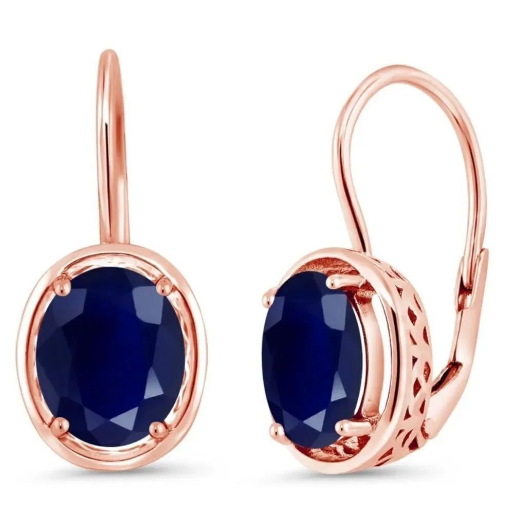 18K Rose Gold 925 with 5.00 Cttw Navy Blue Sapphire Oval Leverback Drop Earrings
